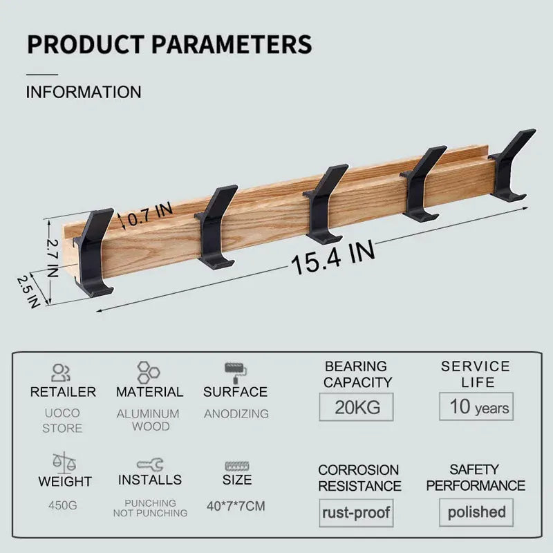 Nordaryn Wall Coat Rack with Movable Double Hooks – Scandinavian Design in Wood & Aluminium
