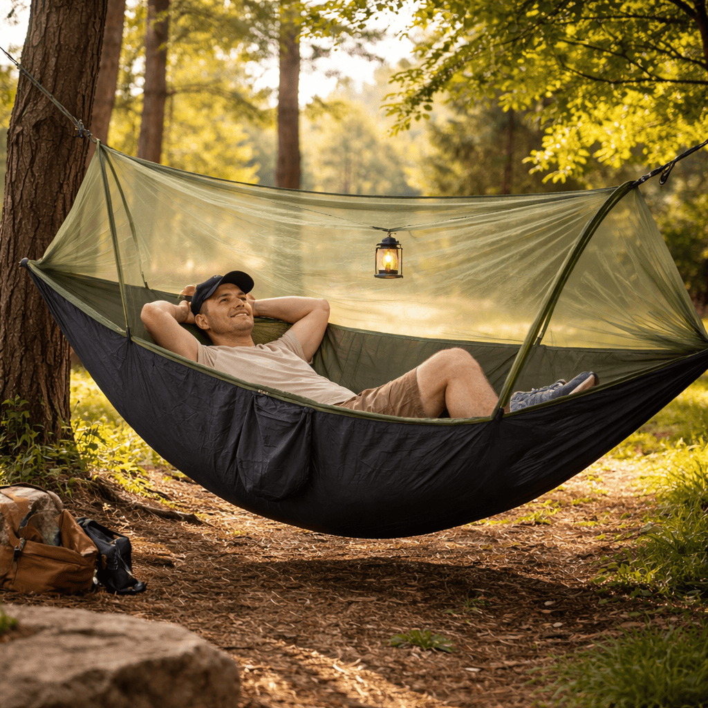 LumiNest Pop-Up Camping Hammock – Lightweight Parachute Hammock with Mosquito Net & Built-In Light