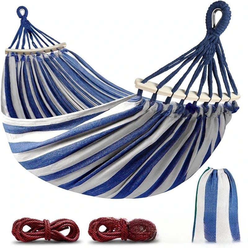 Double Canvas Hammock with Curved Wooden Spreader Bars – Anti-Roll Outdoor Swing Bed for Two