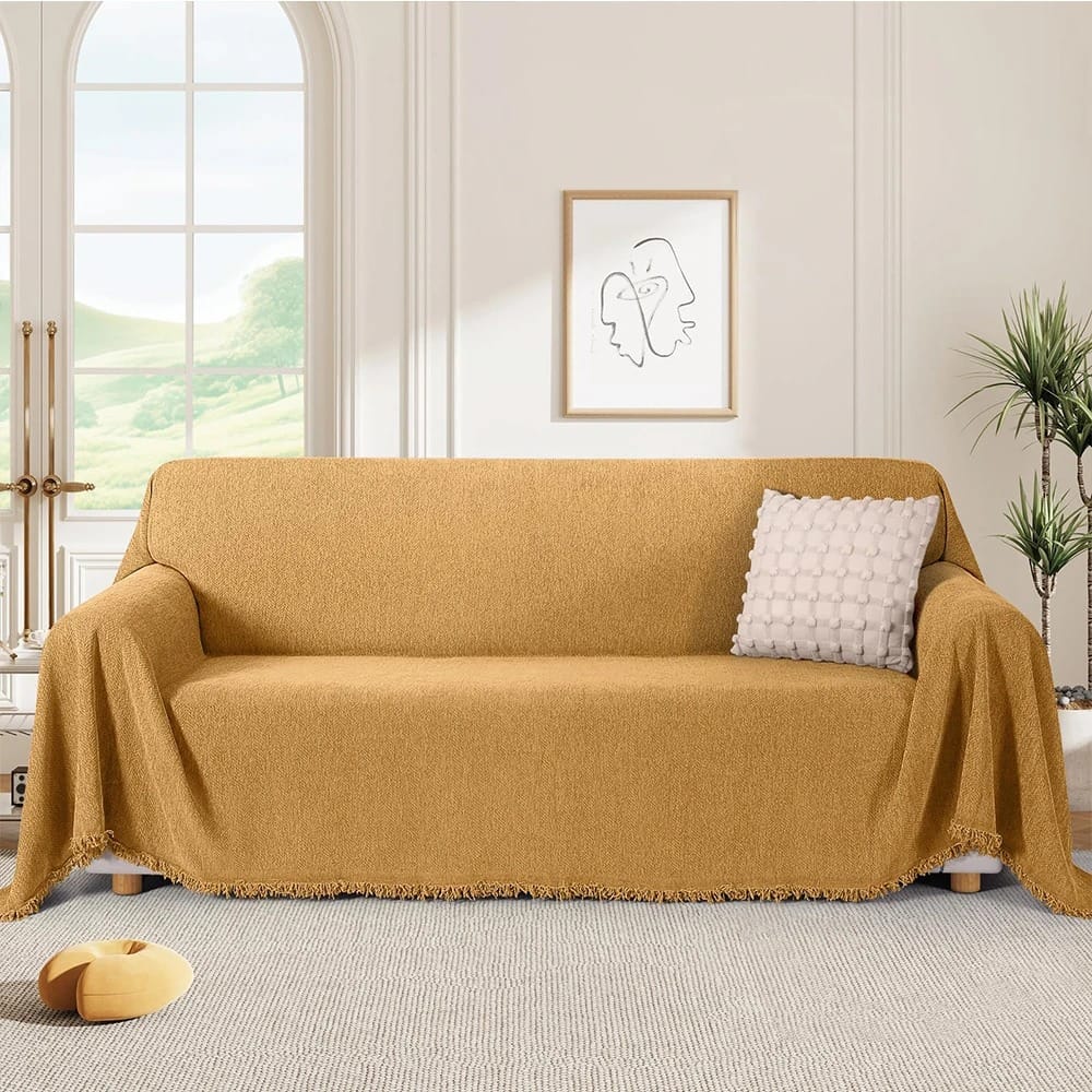 Luxury Chenille Sofa Throw – Herringbone Couch Cover with Elegant Fringe Heavyweight Blanket