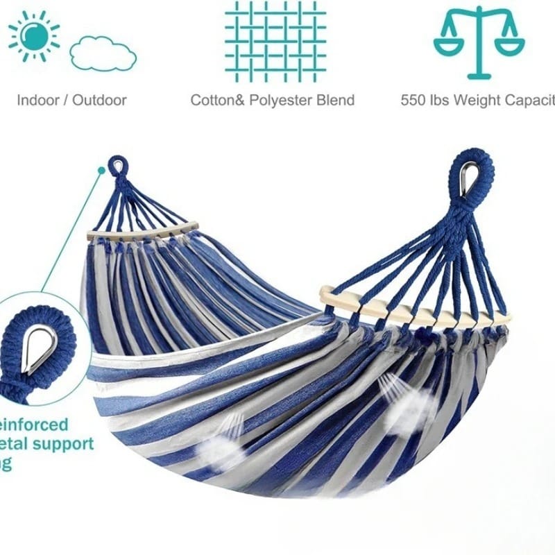 Double Canvas Hammock with Curved Wooden Spreader Bars – Anti-Roll Outdoor Swing Bed for Two