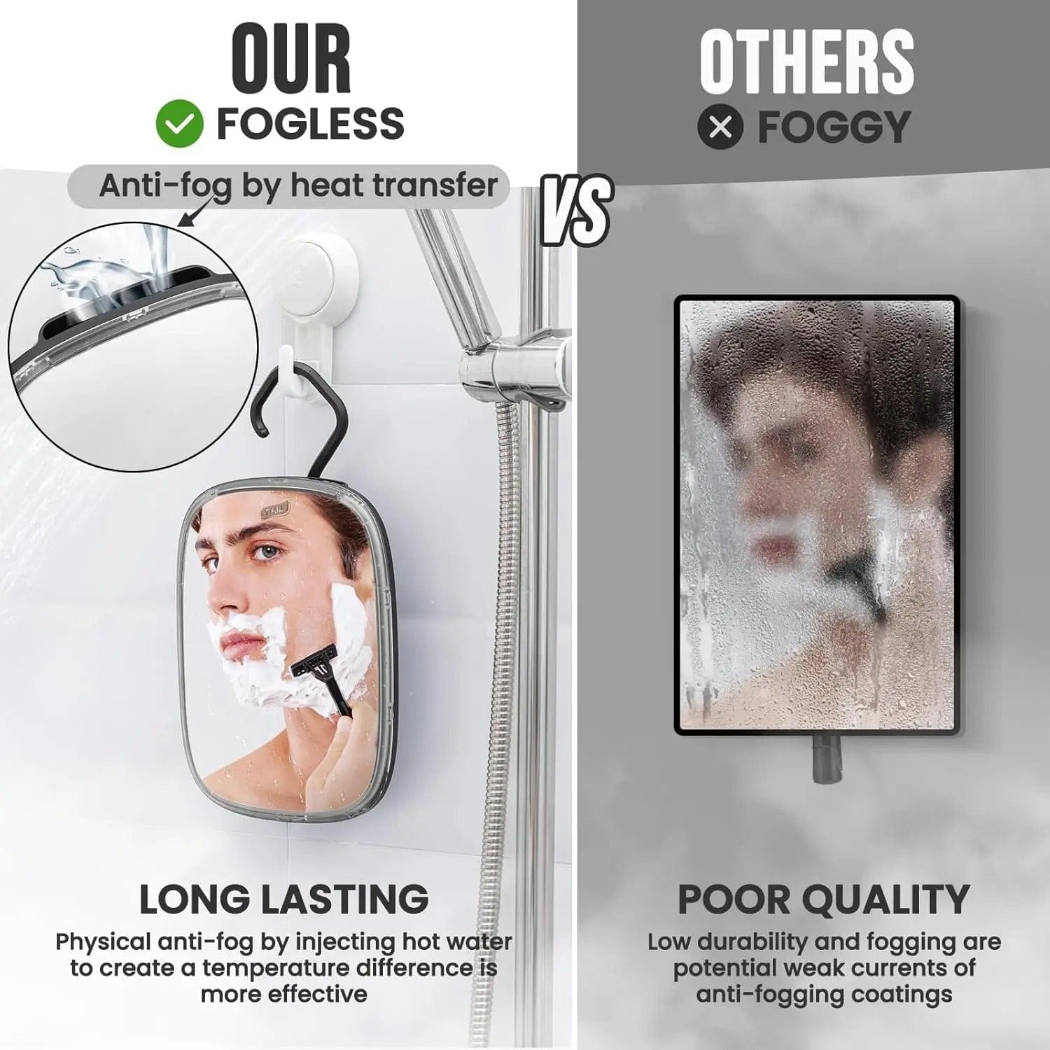 Fogless Shower Mirror for Shaving – Removable Wall & Travel Mirror