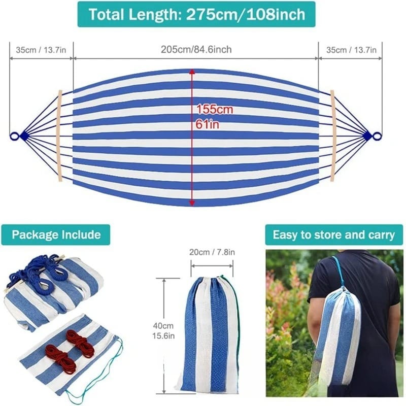 Double Canvas Hammock with Curved Wooden Spreader Bars – Anti-Roll Outdoor Swing Bed for Two