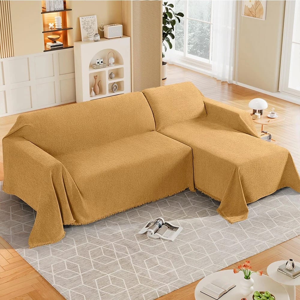 Luxury Chenille Sofa Throw – Herringbone Couch Cover with Elegant Fringe Heavyweight Blanket