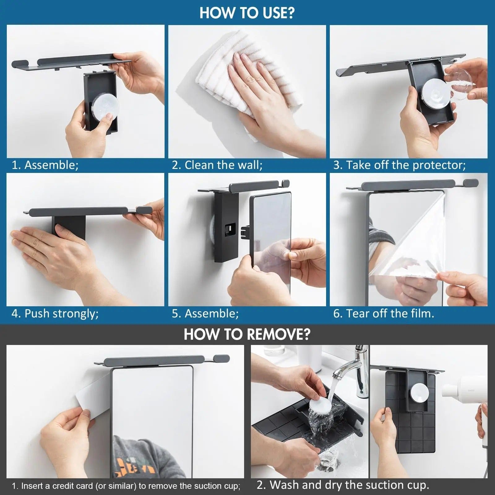 Fogless Shower Mirror with Razor Holder and Suction Mount