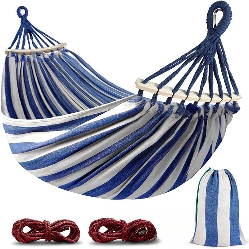 Double Canvas Hammock with Curved Wooden Spreader Bars – Anti-Roll Outdoor Swing Bed for Two