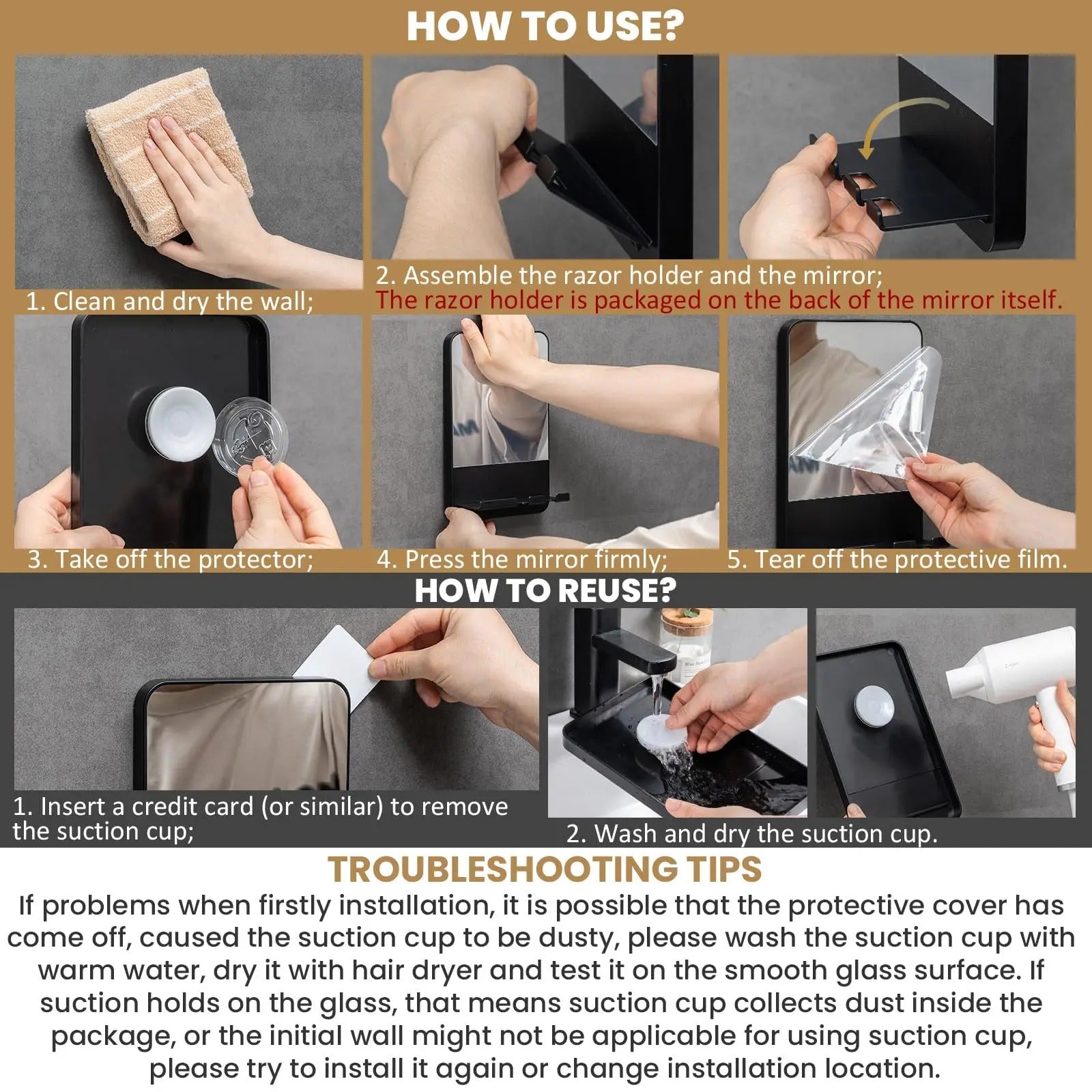 Fogless Shower Mirror with Razor Holder and Suction Mount
