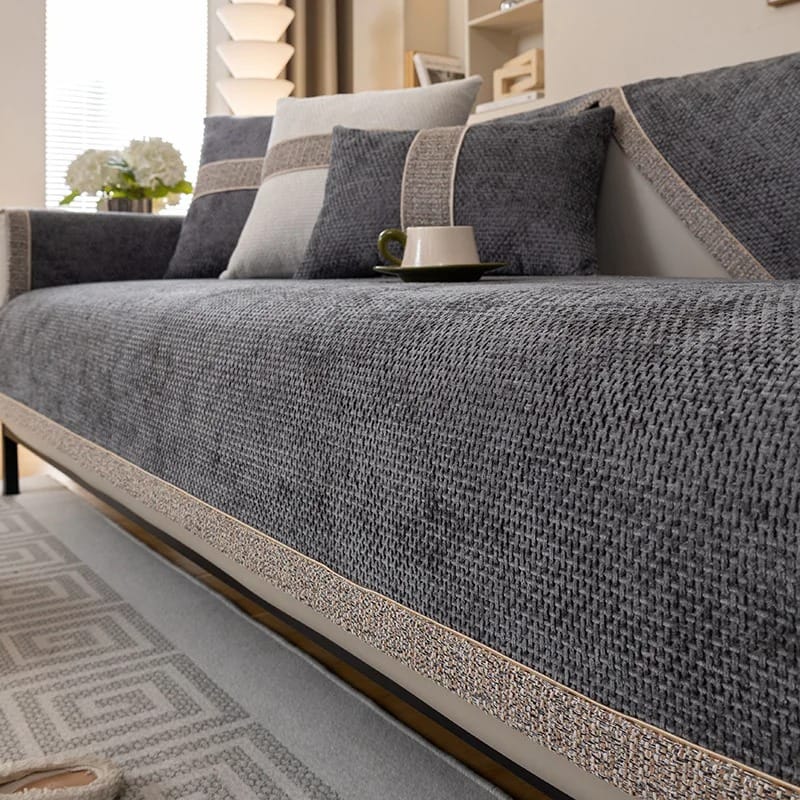 Non-Slip Linen Sofa Cover for All Seasons – Woven Cotton Couch Protector with Backrest Coverage