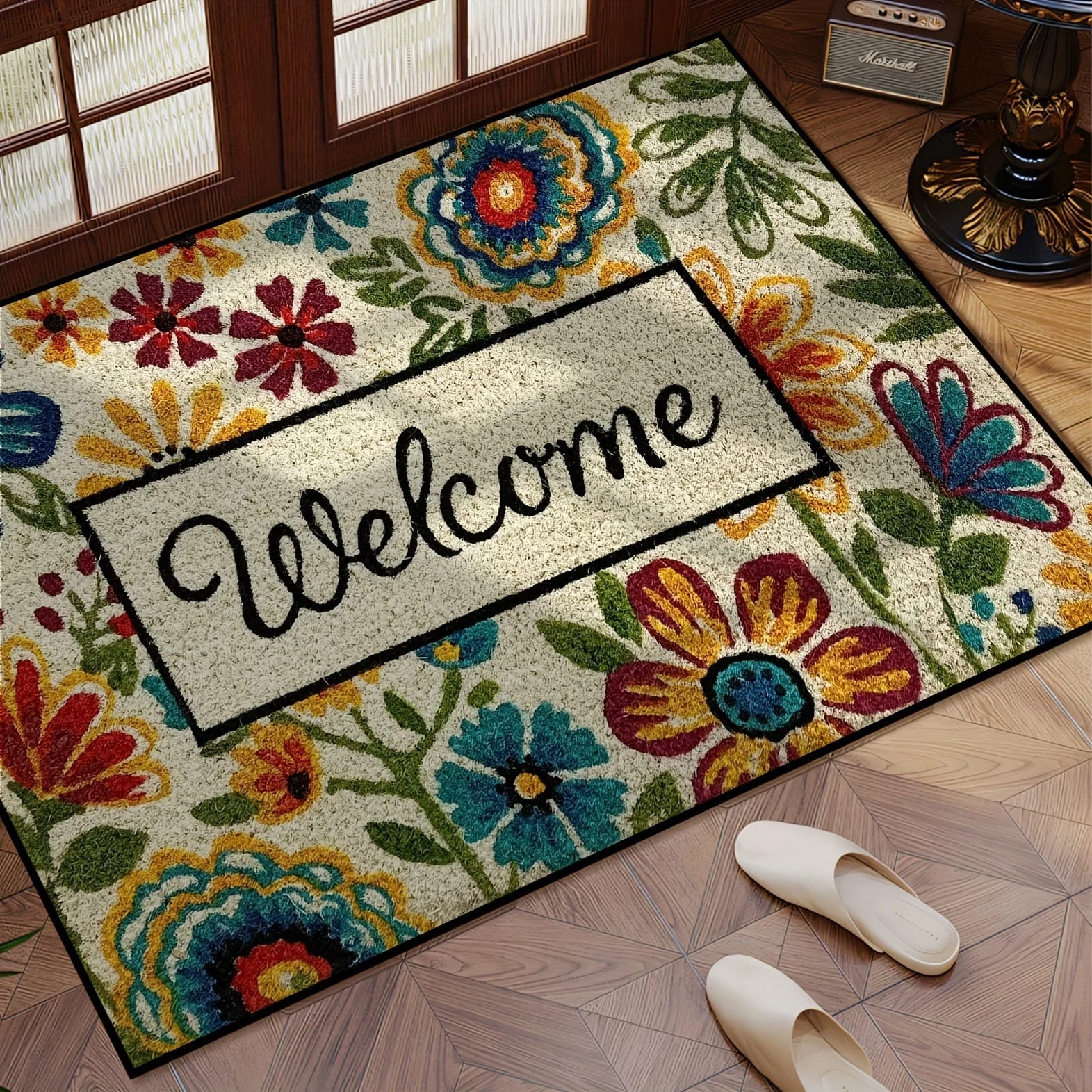 Bright Floral Doormat & Area Rug – Colourful Flower Carpet for Entrance, Living Room, Bedroom & Outdoor Use