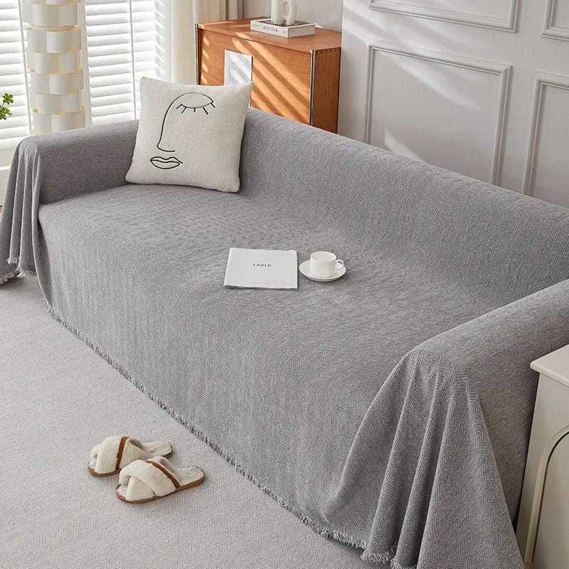 Luxury Chenille Sofa Throw – Herringbone Couch Cover with Elegant Fringe Heavyweight Blanket
