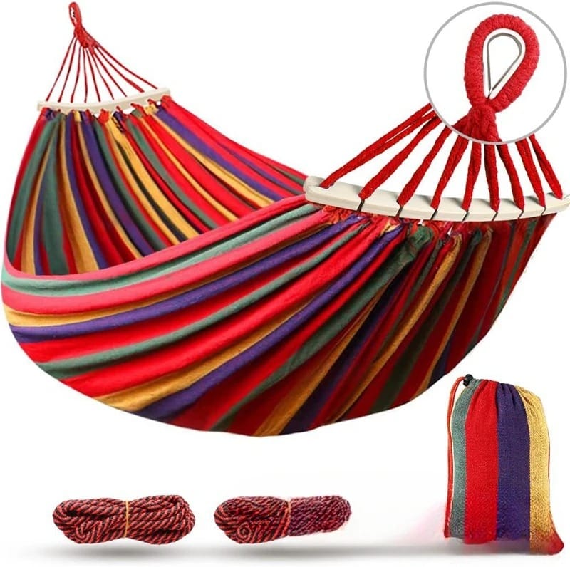 Double Canvas Hammock with Curved Wooden Spreader Bars – Anti-Roll Outdoor Swing Bed for Two