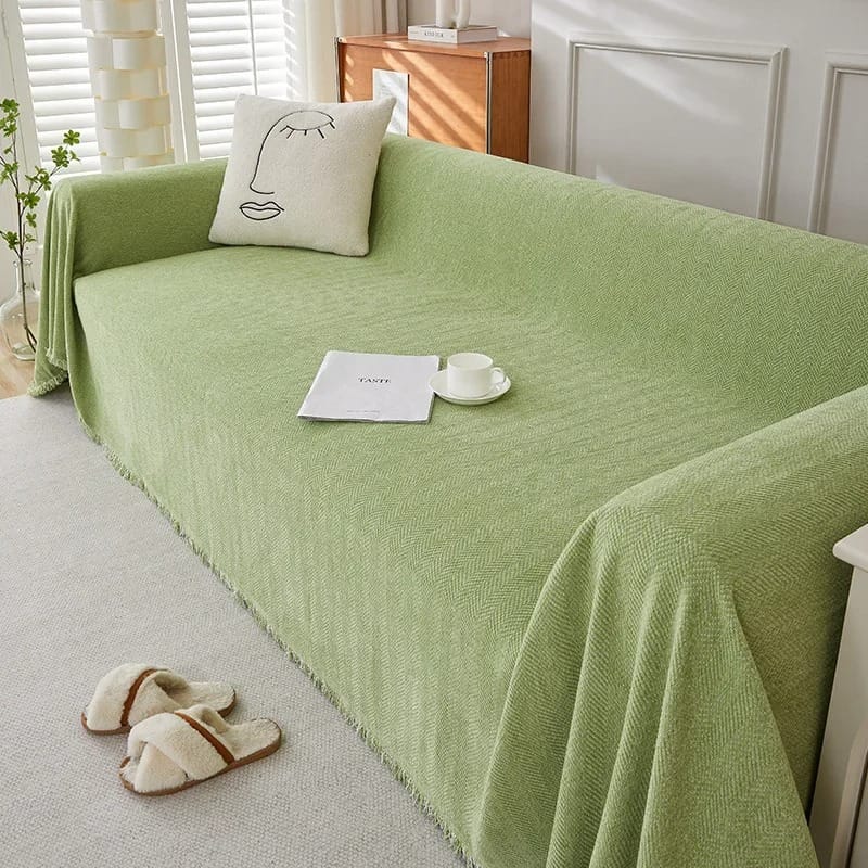 Luxury Chenille Sofa Throw – Herringbone Couch Cover with Elegant Fringe Heavyweight Blanket