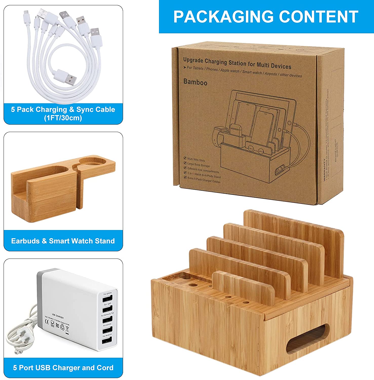 BambooVault 5-Port Charging Station Organizer