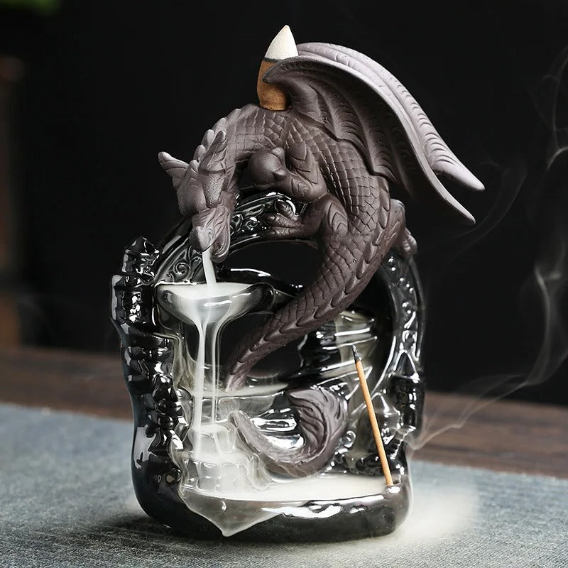 Ceramic Vintage Dragon Backflow Incense Burner – Mystical Dragon Design with Waterfall Smoke Effect – Ideal for Aromatherapy and Home Decor

