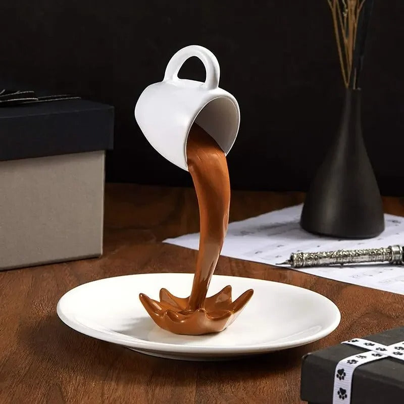 Floating Spilling Coffee Cup Sculpture - Whimsical Kitchen and Desk Decor for Coffee Lovers


