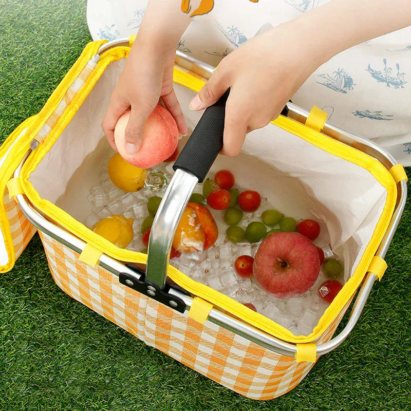 Retro Pastoral Insulated Lunch Basket – Foldable Thermal Cooler Bag for Picnic, Camping, Food & Drink Storage