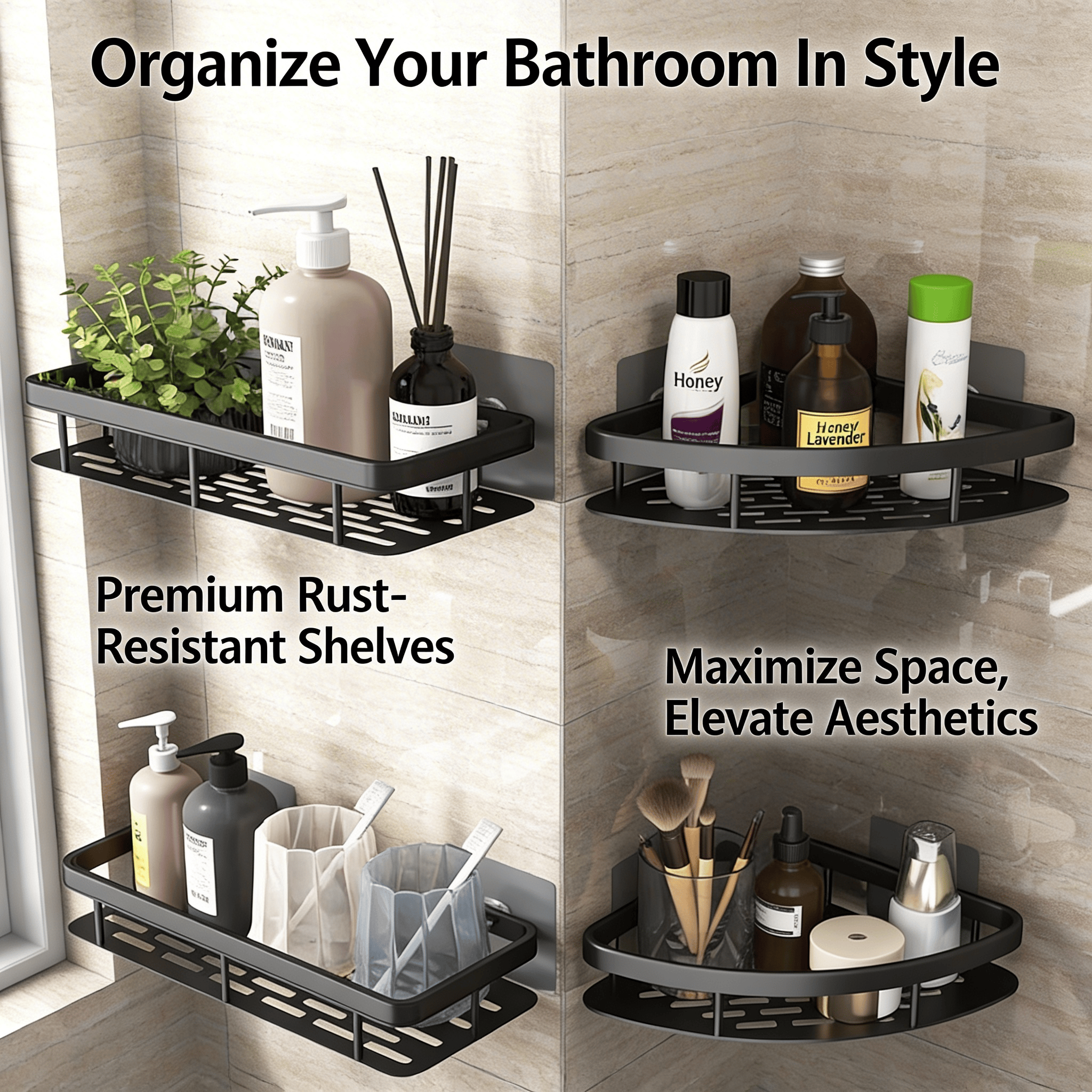 No-Drill Aluminum Shower Corner Shelf Bathroom Organizer Rack