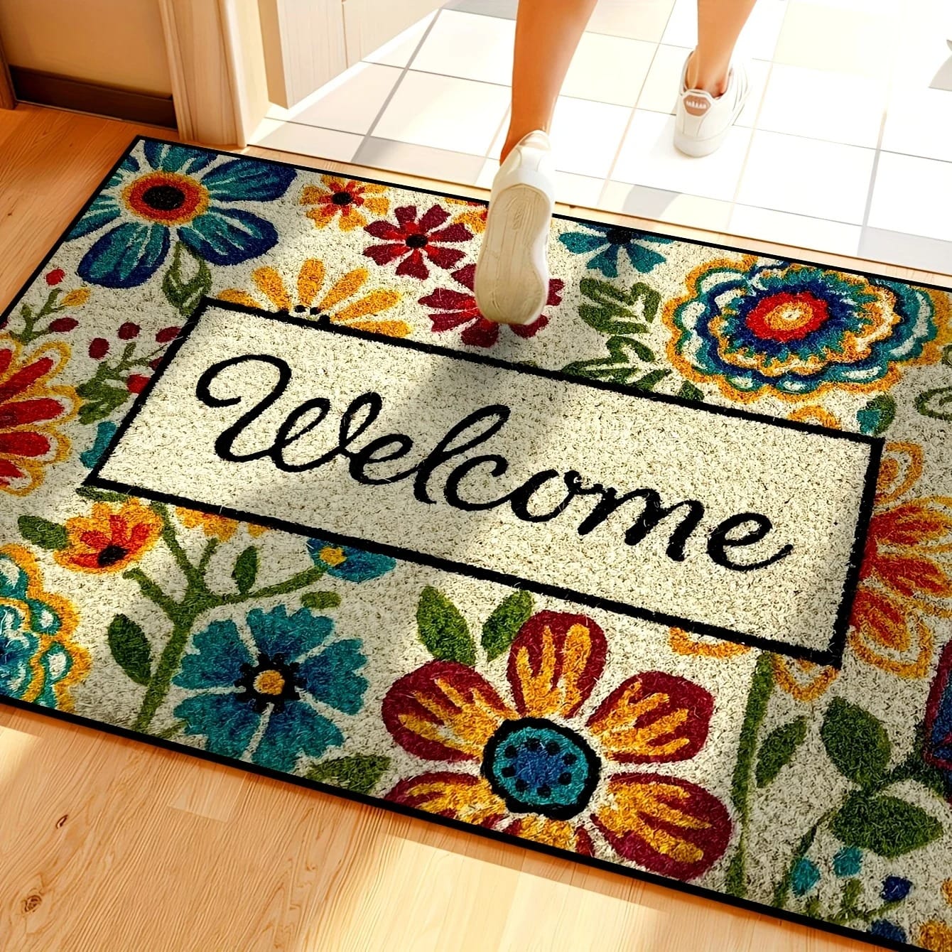 Bright Floral Doormat & Area Rug – Colourful Flower Carpet for Entrance, Living Room, Bedroom & Outdoor Use