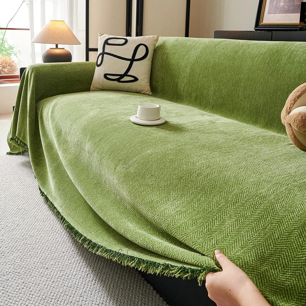 Luxury Chenille Sofa Throw – Herringbone Couch Cover with Elegant Fringe Heavyweight Blanket
