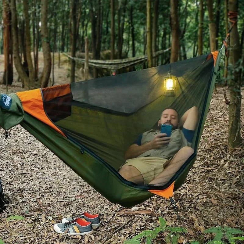 QuickNest Anti-Rollover Camping Hammock – Portable Mosquito Net Hammock with Instant Setup for Travel & Garden
