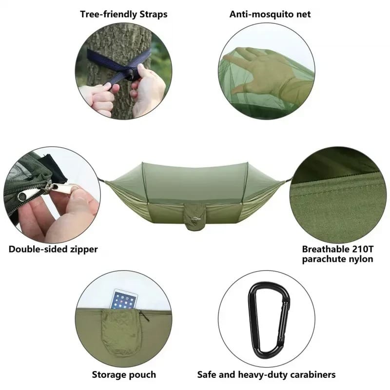 LumiNest Pop-Up Camping Hammock – Lightweight Parachute Hammock with Mosquito Net & Built-In Light