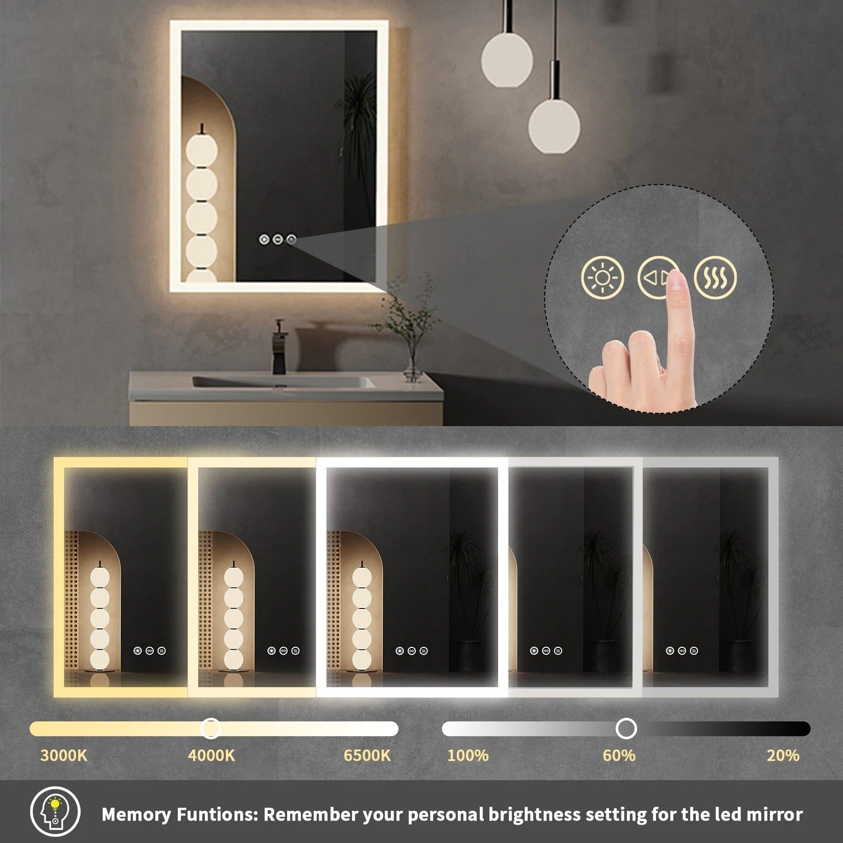 16x20 LED Lighted Bathroom Mirror with Anti-Fog Feature
