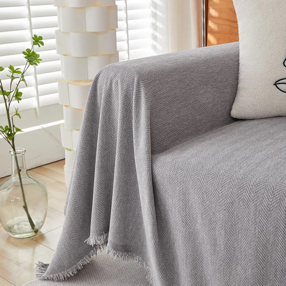 Luxury Chenille Sofa Throw – Herringbone Couch Cover with Elegant Fringe Heavyweight Blanket