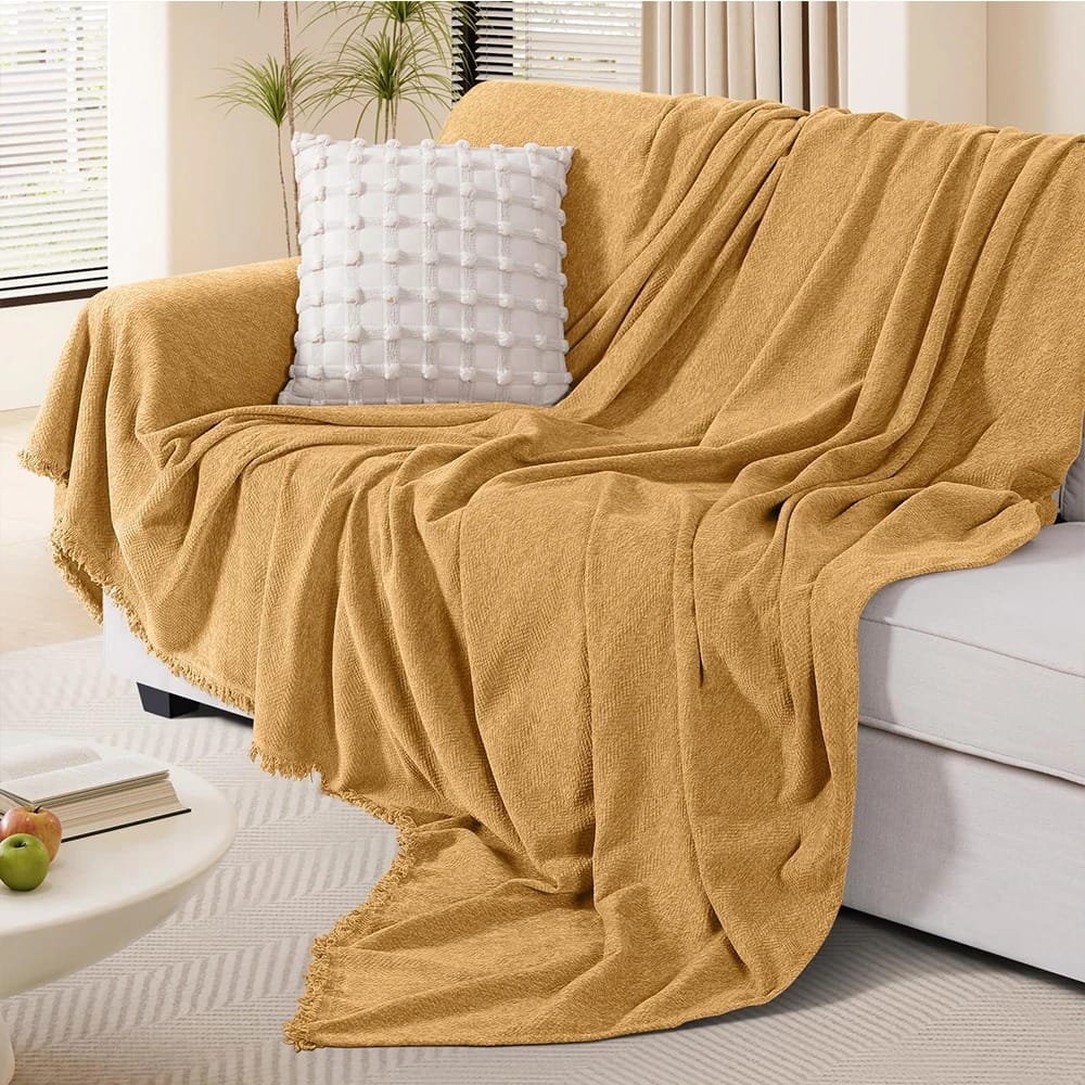 Luxury Chenille Sofa Throw – Herringbone Couch Cover with Elegant Fringe Heavyweight Blanket