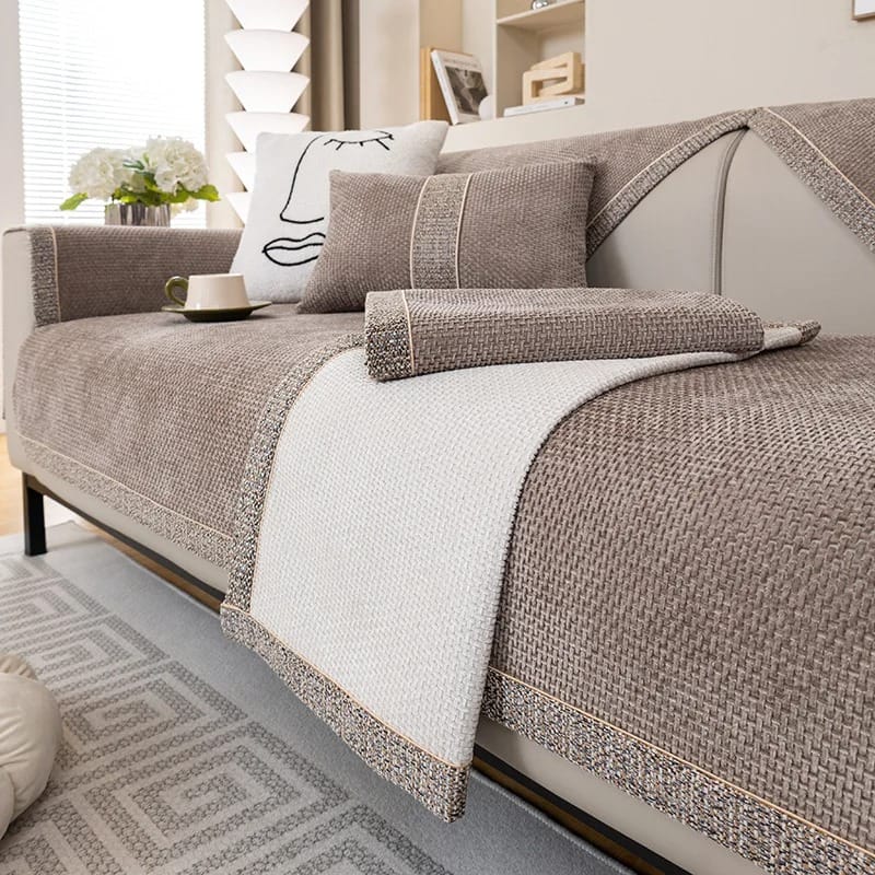 Non-Slip Linen Sofa Cover for All Seasons – Woven Cotton Couch Protector with Backrest Coverage