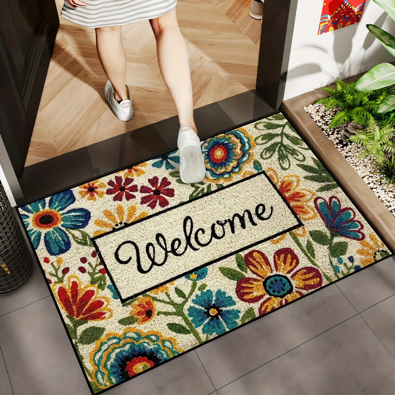 Bright Floral Doormat & Area Rug – Colourful Flower Carpet for Entrance, Living Room, Bedroom & Outdoor Use