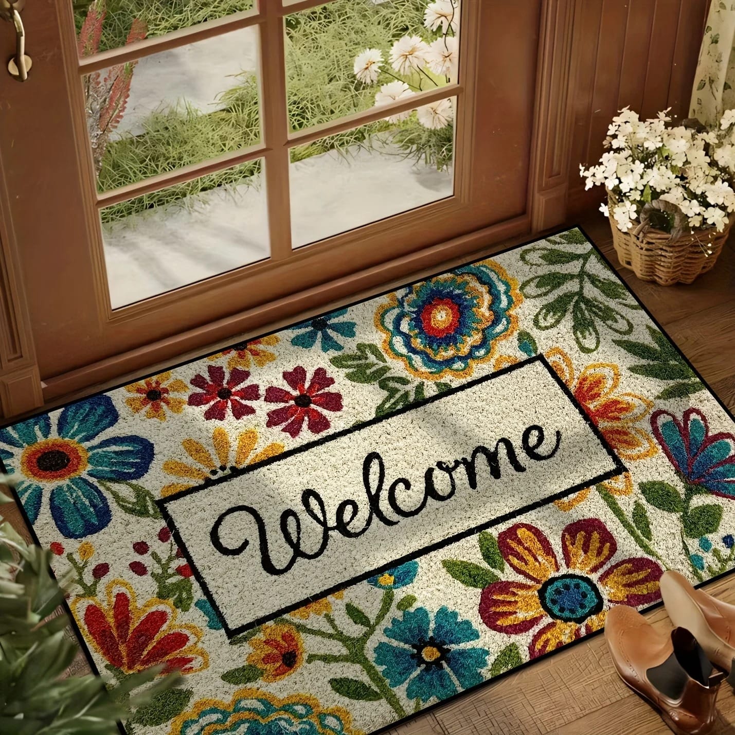Bright Floral Doormat & Area Rug – Colourful Flower Carpet for Entrance, Living Room, Bedroom & Outdoor Use