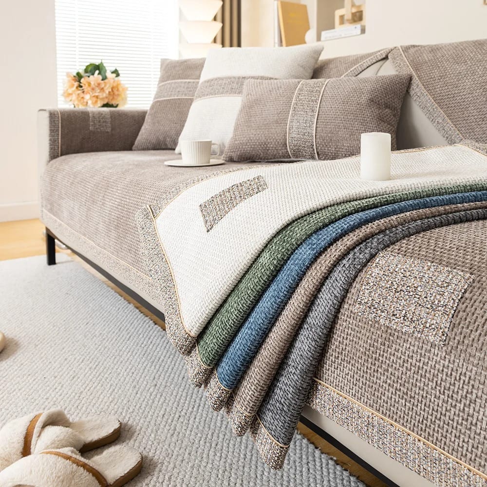 Non-Slip Linen Sofa Cover for All Seasons – Woven Cotton Couch Protector with Backrest Coverage