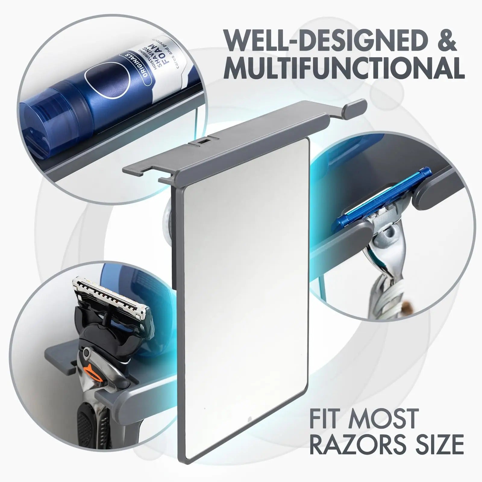 Fogless Shower Mirror with Razor Holder and Suction Mount