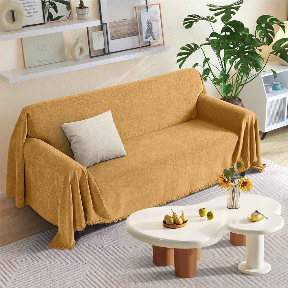 Luxury Chenille Sofa Throw – Herringbone Couch Cover with Elegant Fringe Heavyweight Blanket