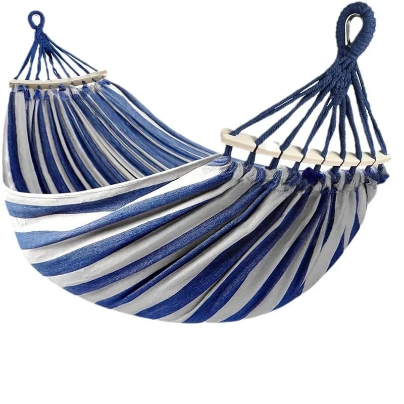 Double Canvas Hammock with Curved Wooden Spreader Bars – Anti-Roll Outdoor Swing Bed for Two
