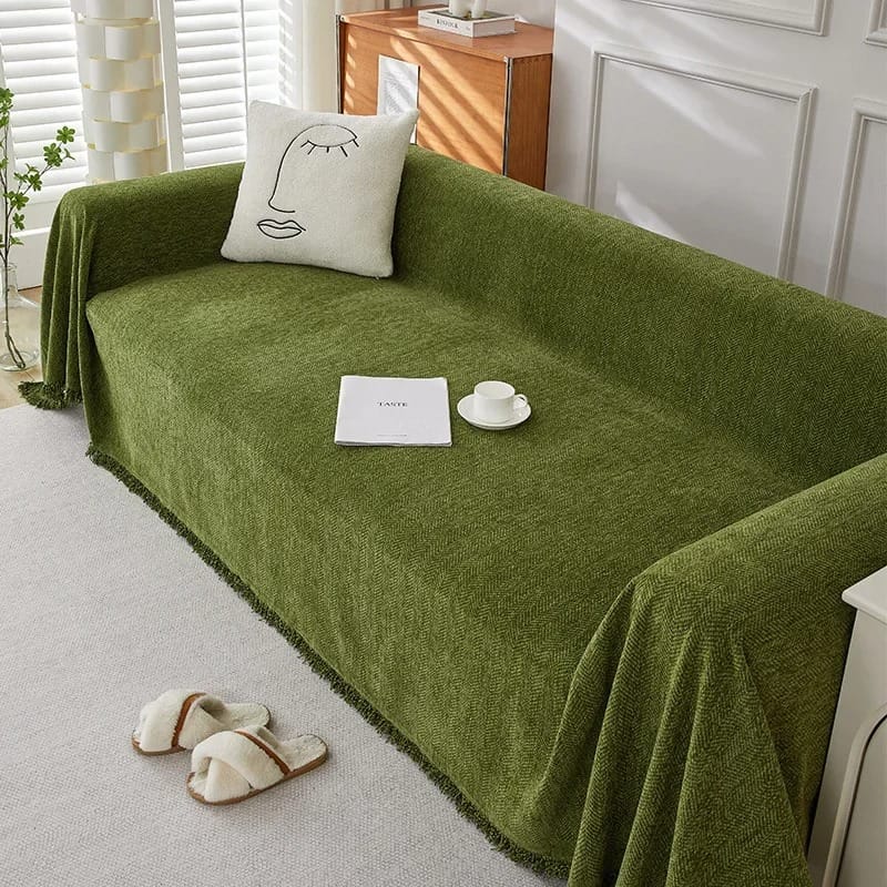 Luxury Chenille Sofa Throw – Herringbone Couch Cover with Elegant Fringe Heavyweight Blanket
