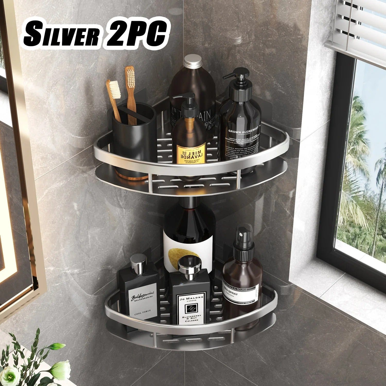 No-Drill Aluminum Shower Corner Shelf Bathroom Organizer Rack
