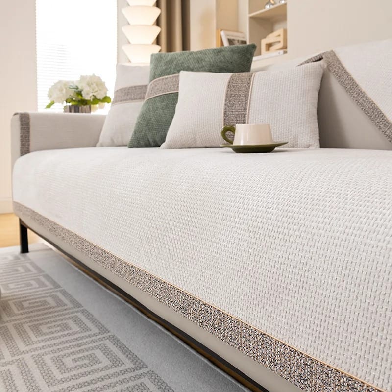 Non-Slip Linen Sofa Cover for All Seasons – Woven Cotton Couch Protector with Backrest Coverage